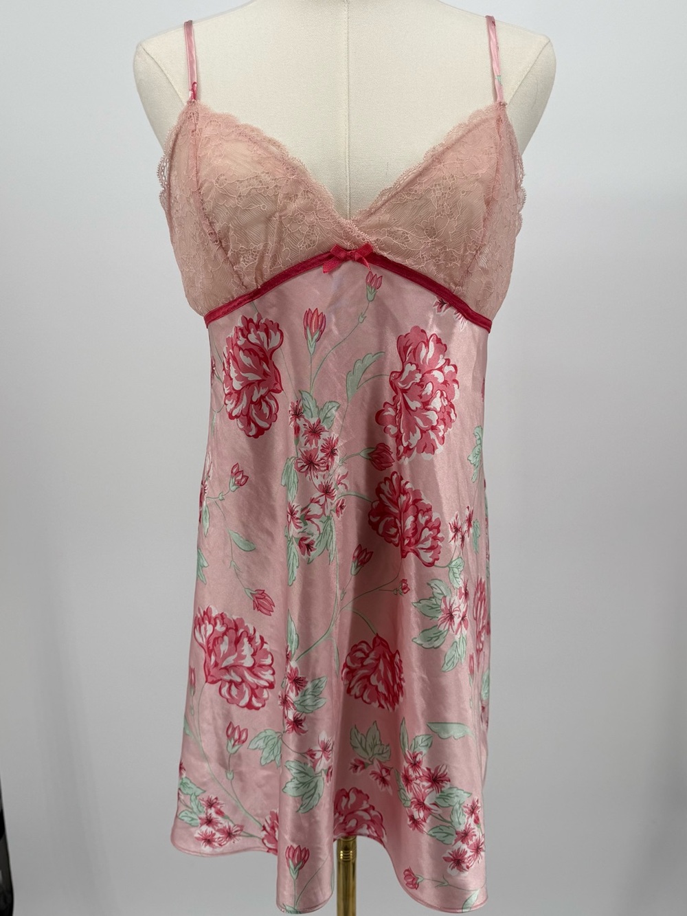 Morgan Taylor Pink Floral Lace Chemise with Red Accents